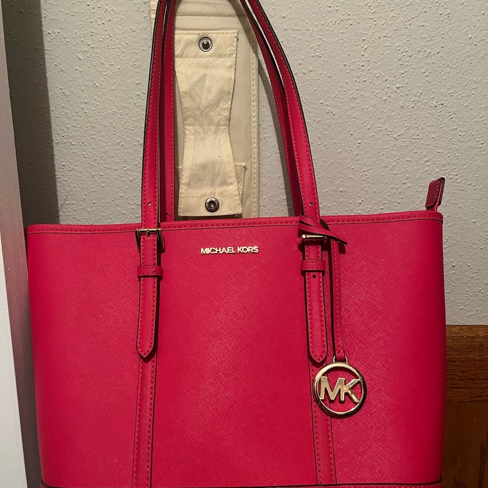 Michael Kors Bright Pink Saffiano Leather Tote with MK Charm